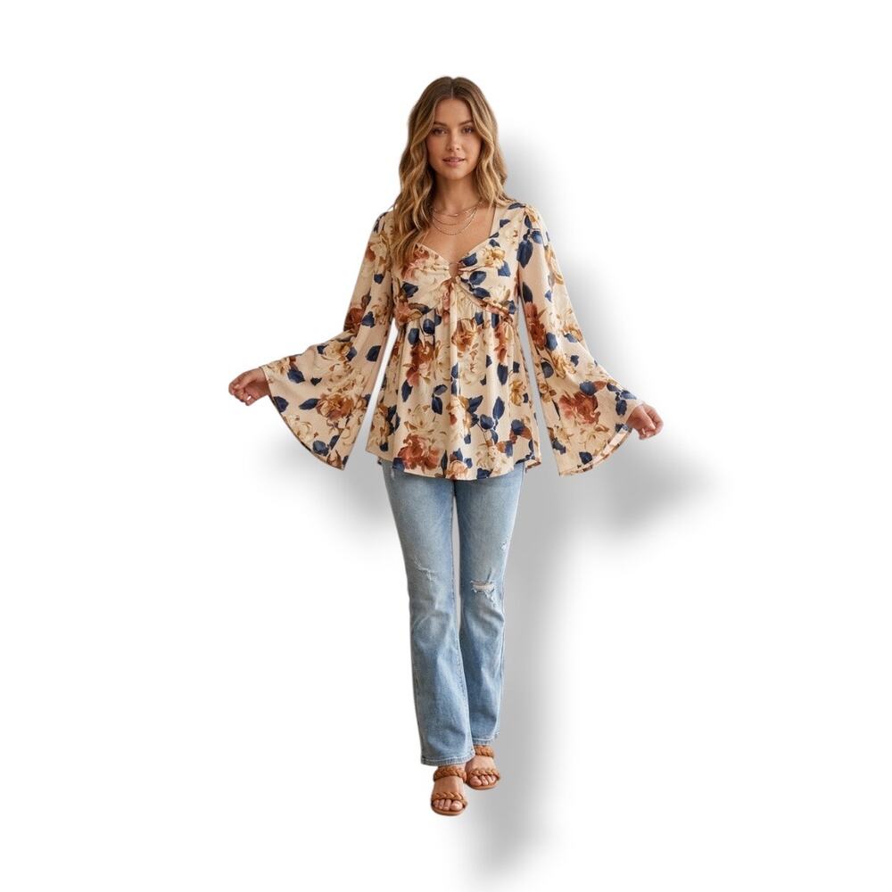 Entro boho cottagecore babydoll floral top with bell sleeves women's large